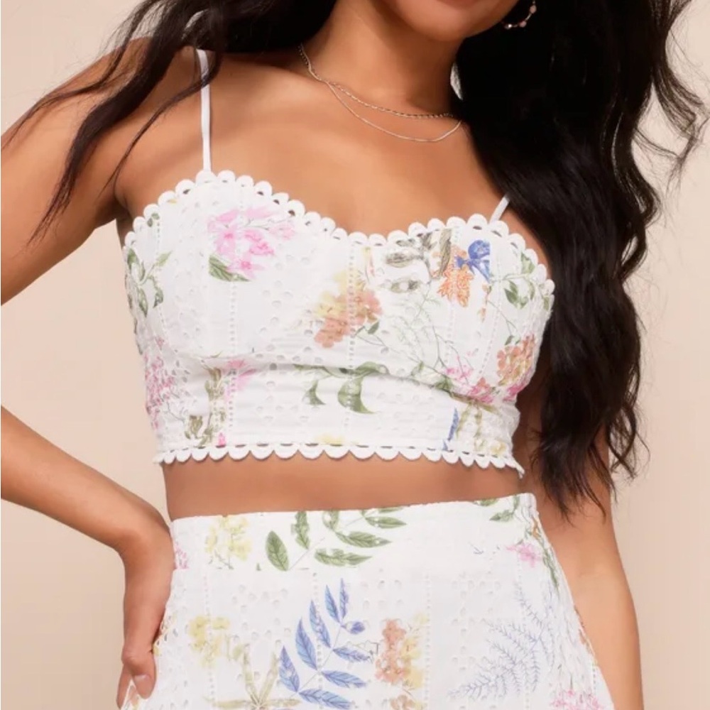 Lulu's White Eyelet Maxi Skirt & Top set, Pink & Multicolor Floral Print, M - Picture 7 of 11